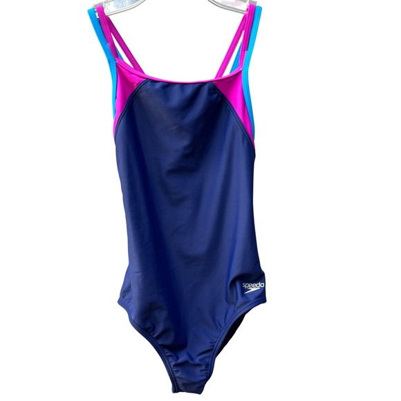 NWT Speedo Big‎ Girls Navy Cross Back Splice One Piece Swimsuit Size 12 - Picture 1 of 8